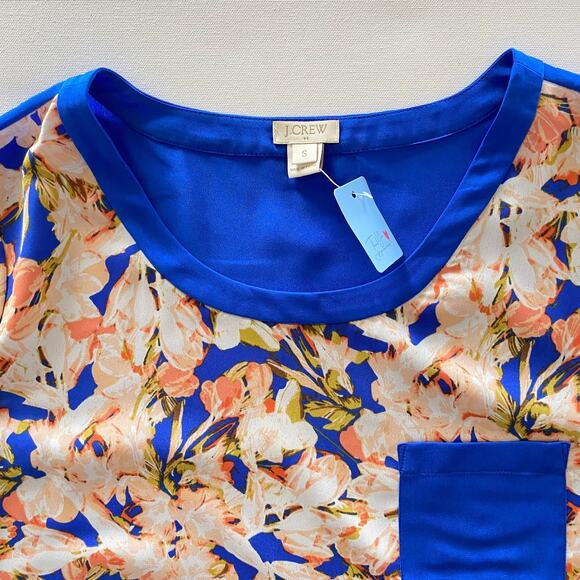 J.Crew : NEW Floral Smooth Woven Blouse High Low Royal Blue Trim : Small - Picture 3 of 10
